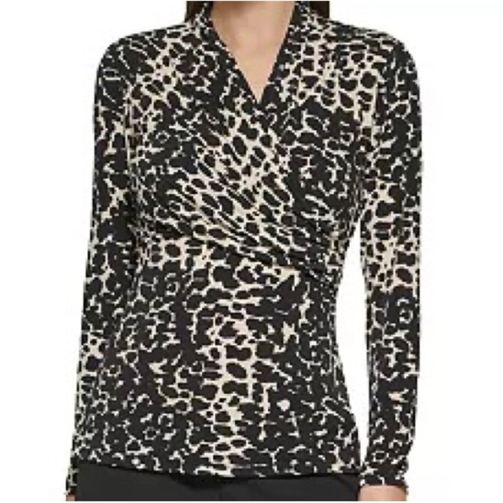 Nw/oT DKNY Women's Animal Print Matte Jersey Faux Wrap Top